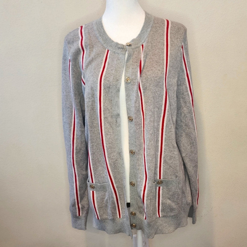 Sweater. Gray with red and white stripe. XL